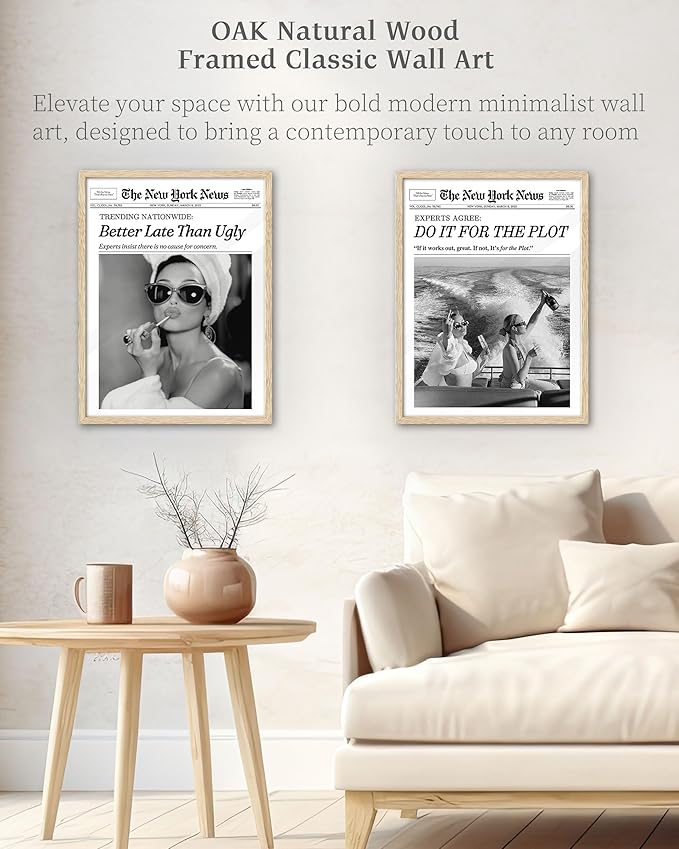 iHery 12x16in Audrey Hepburn Better Late Than Ugly Framed Bathroom Art | Natural OAK Wood Frame with Canvas Print, Vintage Fashion Wall Decor for Bathroom, Bedroom, Apartment and Girl Dorm, 1Pack