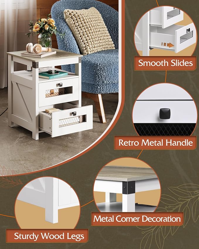 WLIVE Nightstand with Charging Station, Farmhouse End Table, Bed Side Table with 2 Storage Drawers and Open Shelf, Wood Rustic Nightstands for Bedroom, White and Greige