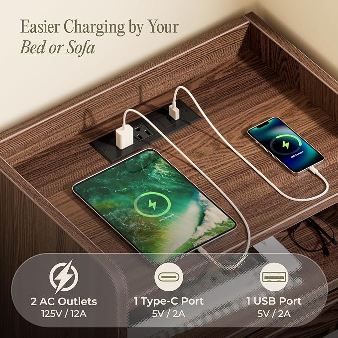 Huuger Nightstand with Charging Station, USB-C Port, End Table | Fluted Night Stand Bedside Table with Drawer, Solid Wood Feet, Open Storage, with Raised Edge, for Bedroom, Walnut