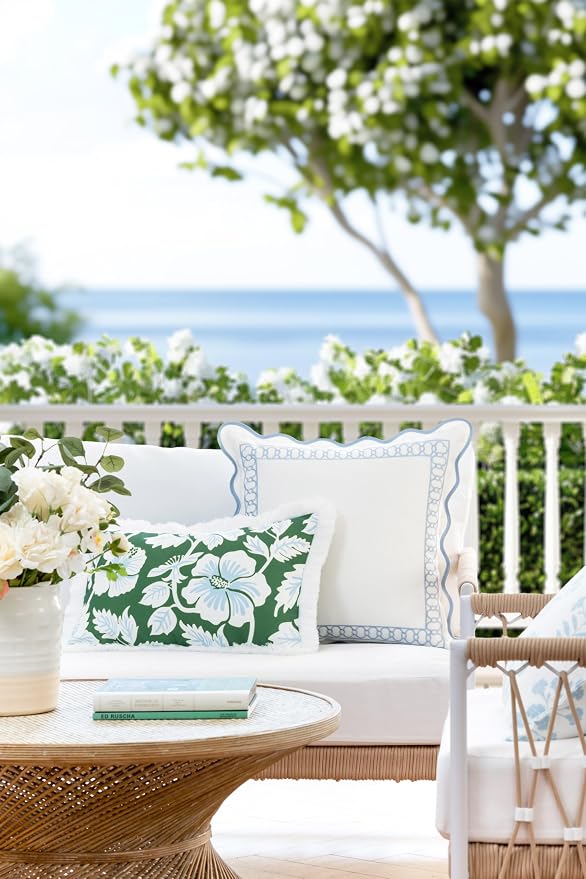 Hofdeco Premium Coastal Patio Indoor Outdoor Lumbar Pillow Cover Only, 12"x20" Water Repellent for Backyard, Couch, Green Baby Blue Print Tropical Hisbucs Flowers