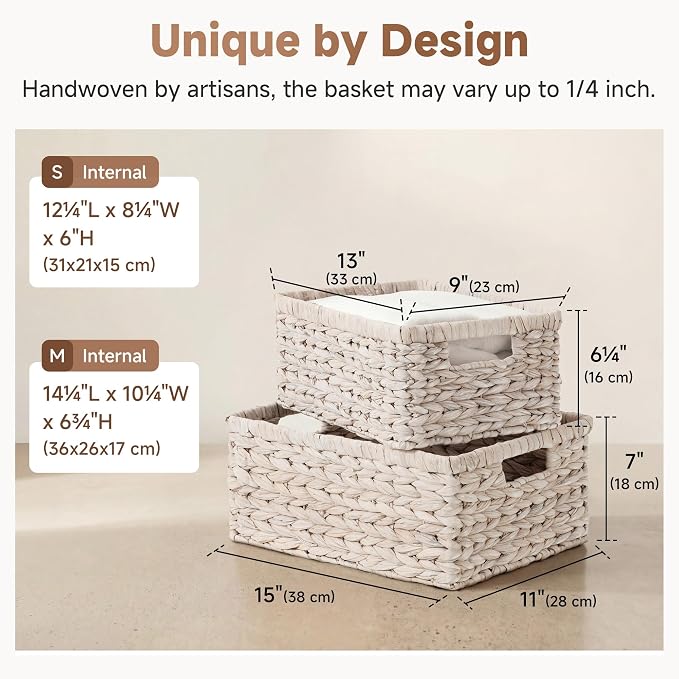 StorageWorks Large Wicker Baskets for Storage, White Wicker Baskets, 2-Pack | Water Hyacinth Storage Baskets for Organizing, Wicker Storage Baskets for Shelves,Pantry Organizers and Storage,Woven Baskets