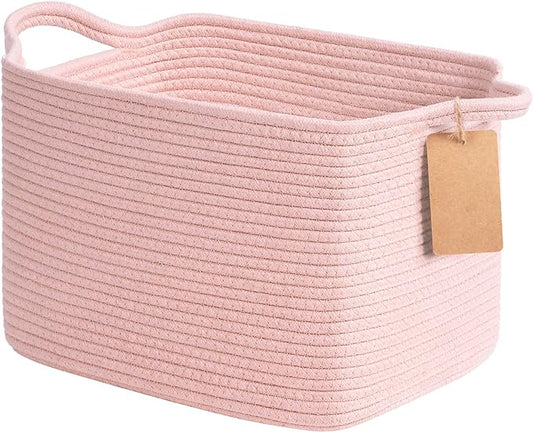 Goodpick Woven Rope Storage Basket for Shelves, Rectangle, Pink | 13" × 10" × 9" Stylish Gift Basket for Nursery, Bedroom & Bathroom Organization, Fits Toys, Towels & Baby Essentials Storage