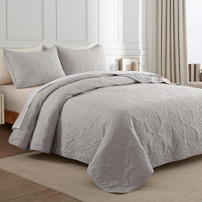 Whale Flotilla Queen Quilt Bedding Set Vintage Damask Reversible Bedspread | Suitable for Bed, 3 Pieces Light Grey Lightweight Breathable Quilts Queen Size, Ultrasonic Coverlet with 2 Pillow Shams