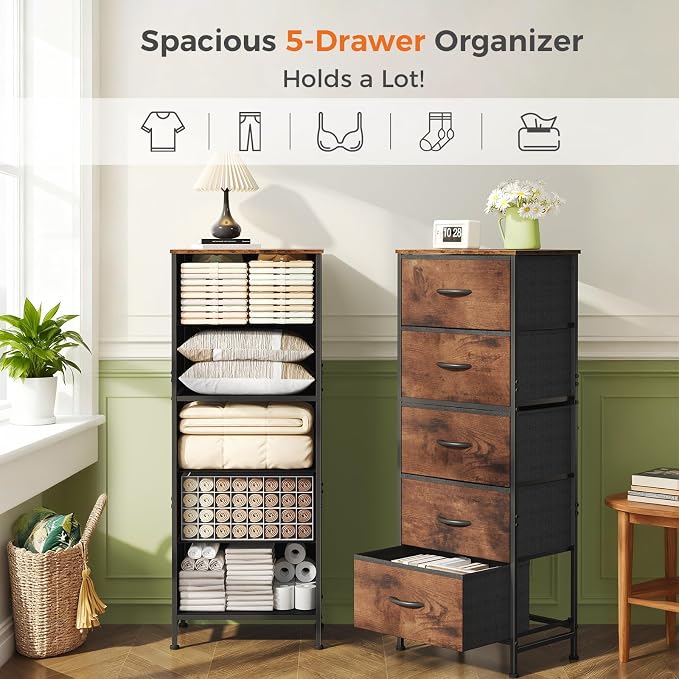 DUMOS Nightstand with 5 Fabric Drawers, Skinny Dresser | Night Stand Bedside Table, Removable Bins, Sturdy Steel Frame Wood Top, Storage Tower for Bedroom Closet, Rustic Brown