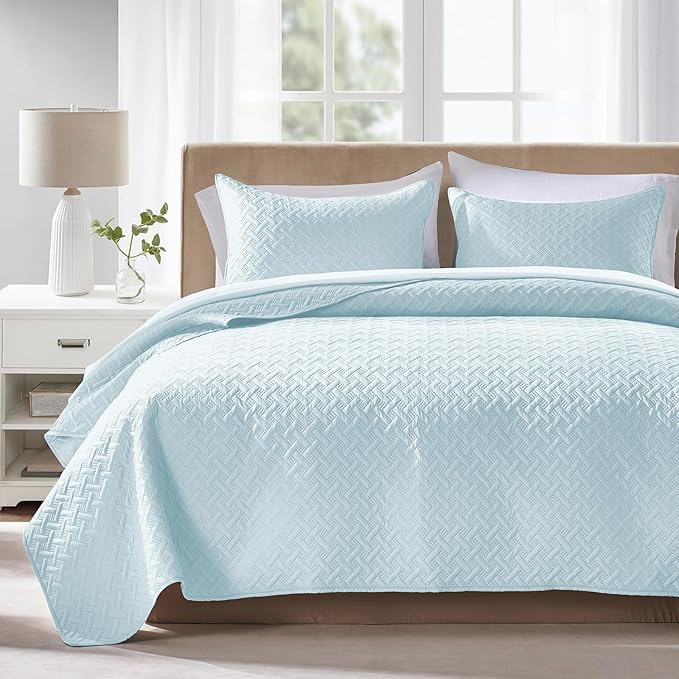 FLYMME Quilts King Size, Lightweight Sky Blue Bedspreads, Basket Weave Pattern,Ultra Soft Microfiber Bed Coverlet 3 Pieces for All-Seasons (1 Quilt, 2 Shams)