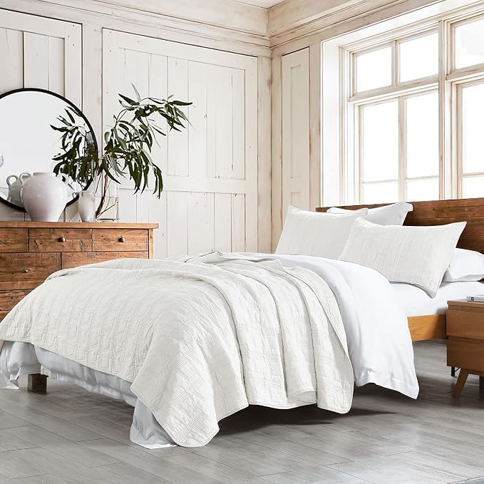 HORIMOTE HOME 100% Cotton Quilt Set Twin Size, White Pre-Washed 2-Piece Bedspread Coverlet Set, Cozy Lightweight Stitching Decorative Bedding Cover with 1 Shams in Geometric Pattern for All Season