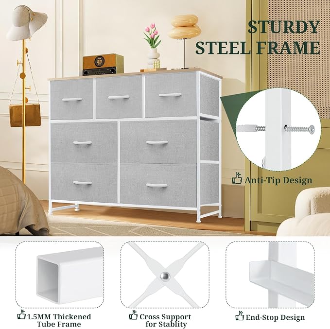 7-Drawer Dresser for Bedroom, Anti-Tip Wide Storage Organizer Fabric | Chest of Drawers TV Stand for 45" TV with Wooden Top and Metal Frame for Closet, Living Room, Hallway, Entryway, Light Gray