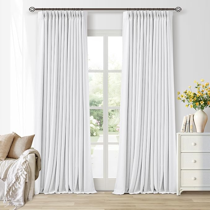 TWODRAPES Snow White Pleated Linen 100% Blackout Curtains 100 Inches Long | Pinch Pleat Back Tab, Linen Drapes with Liner, Black Out Thermal Insulated, Energy Saving Curtain for Living Room Bedroom