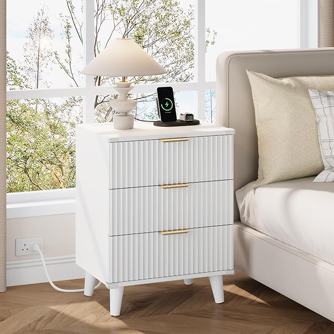 Wood Nightstands Set of 2 w/Charging Station, 3 Drawers Fluted Dresser | White, Large Drawers, Metal Silent Rails, FSC Wooden, Sturdy Legs, Modern Fluted Panel, Living Room, Bedside Table