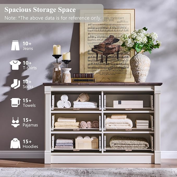 Aitjunz Farmhouse 47'' Wide 6 Drawer Dressers for Bedroom, Antique White | Chests of Drawers w/Roman Columns, Horizontal Wooden TV Stand Dresser w/Metal Handle for Bedroom, Hallway, Living room