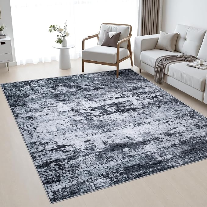 Area Rug Living Room: 5x5 Modern Washable Indoor Carpet Black | For Bedroom Dining Room Farmhouse Nursery Hallway Office,Modern Abstract,Machine washable,Non-Slip,Stain Resistant,Indoor