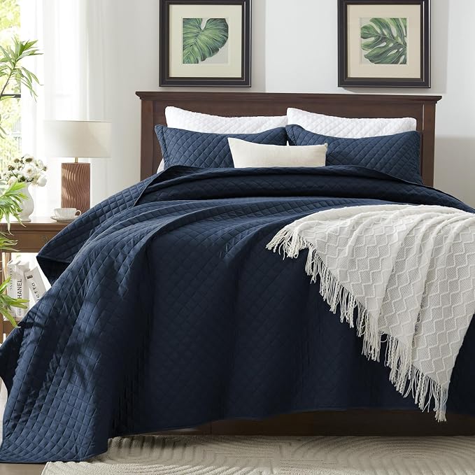 SunStyle Home Queen Quilt Bedding Set, Lightweight Summer Bedspreads,Navy | Soft Coverlet With 2 Pillow Shams,Morden Style Quilts for All Season, Suitable for Bed,Couch,Bedroom,Guest Room,90"X96"