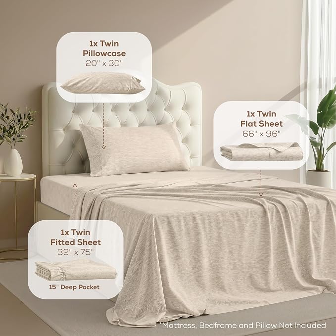 Twin Sheet Set, 3 Pieces 16" Deep Pocket Hotel Luxury Sheets, Heather Beige | Extra Soft Bedsheet Set, Comfy & Breathable Cooling Sheets, Wrinkle & Fade Resistant, Fitted Sheet, Flat Sheet, 1 Pillowcase
