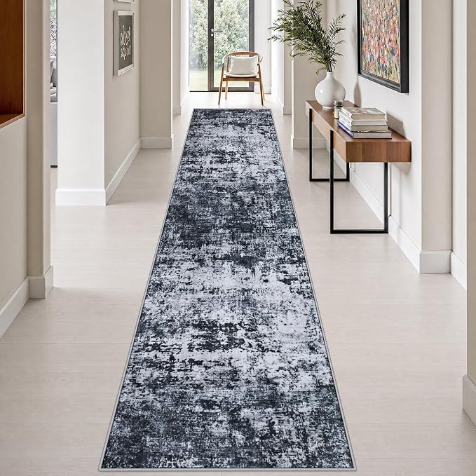2.6x14 Washable Runner Rug:Modern Abstract Indoor Carpet Black | For Hallway, Bedroom, Kitchen, Laundry, Bathroom,Door Mat,Modern Abstract,Machine washable,Non-Slip,Stain Resistant,Indoor