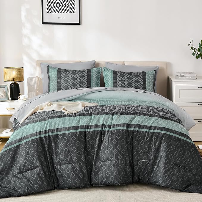 Boho Comforter Set Queen Size,Green and Grey Striped Bed in a Bag | 7 Piece Plaid Comforter Set,Soft Microfiber Bedding Sets