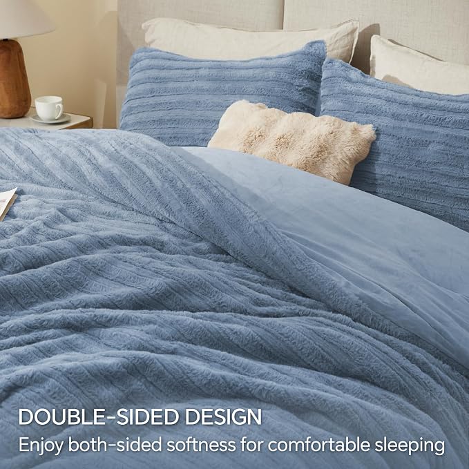 BEDELITE Faux Fur King Size Comforter Set, Fluffy Bed Set, Blue Fog | Super Soft & Warm, Luxury Fuzzy Cozy Comforter for Winter, Heavy Plush Bed set, with 2 Pillowcases