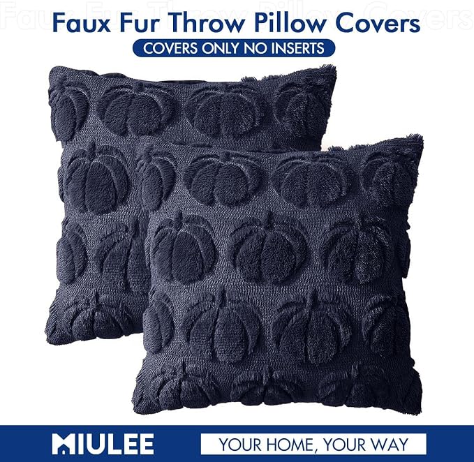 MIULEE Fall Pillow Covers Pumpkin Fall Decor 20x20 Navy Blue | Set of 2 Fall Decorations for Home, Plush Faux Fur Farmhouse Accent Pillowcases, Porch Sofa Couch Cushion Bed Livingroom