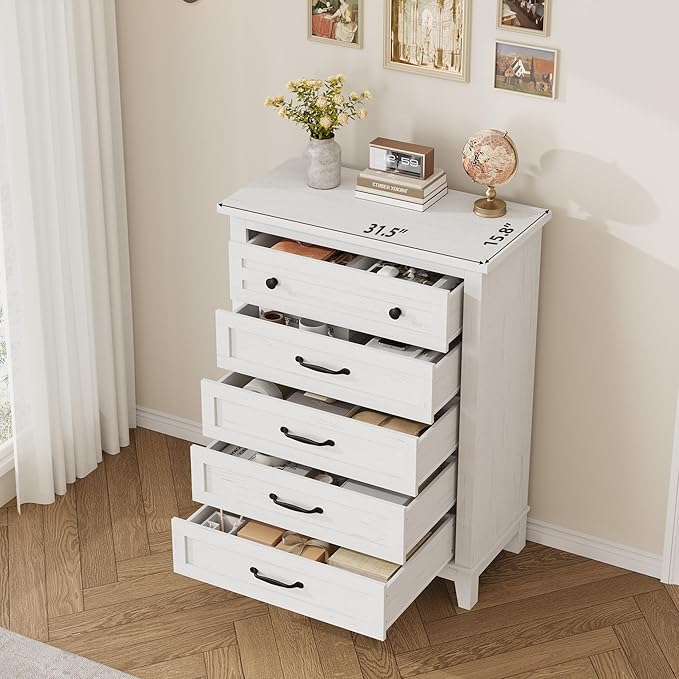GarveeHome 5 Dresser for Bedroom, 41.3 in Tall Vertical Drawer Dresser with Large Storage, Freestanding Wooden Closet Chest for Bedroom, Living Room, White