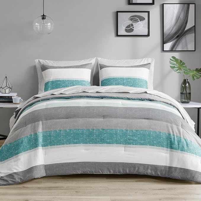Madison Park Essentials Queen Comforter Set, Bed in A Bag Comforter & Sheet Set, Modern Casual Stripes Print, All Seasons, Soft Microfiber Bedding Makeover, Matching Shams, Queen Aqua/Grey 7 Piece
