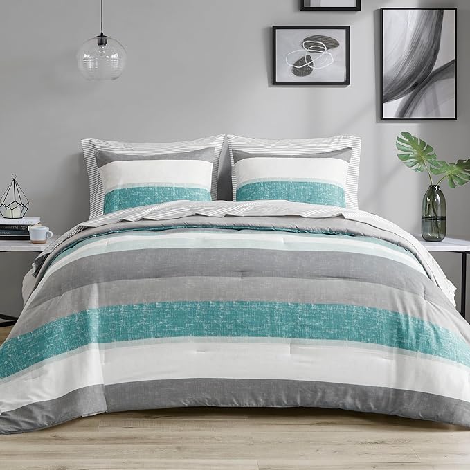 Madison Park Essentials Twin Comforter Set, Bed in A Bag Comforter & Sheet Set, Modern Casual Stripes Print, All Seasons, Soft Microfiber Bedding Makeover, Matching Shams, Twin Aqua/Grey 5 Piece