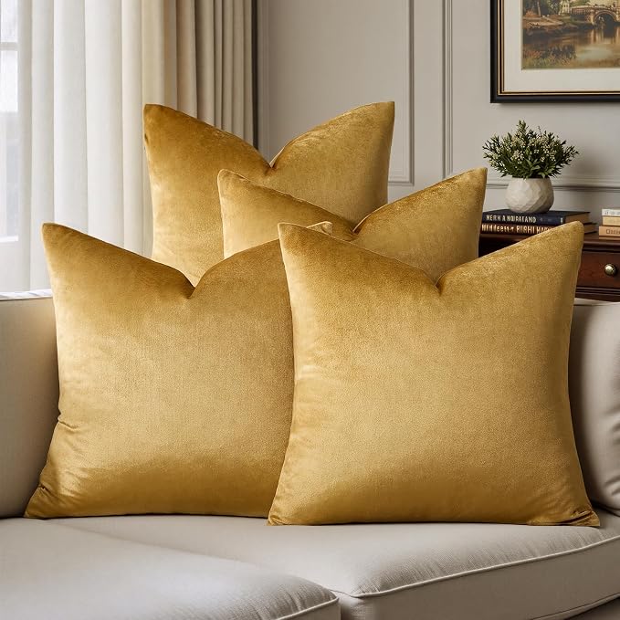 GIGIZAZA Pack of 4 Golden Decorative Velvet Pillow Covers 18x18 | Throw Pillows for Couch Sofa,280gsm Soft Textured Fabric,Modern Accent Pillowcases,Luxury Living Room Cushion Covers