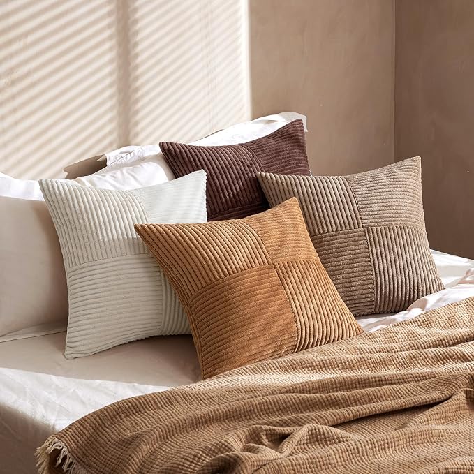 MIULEE Brown Throw Pillow Covers 20x20 Inch Set of 4 Boho Farmhouse Cushion Cases Neutral Gradient Corduroy Pillow Cases with Invisible Zipper Patchwork Home Decor for Couch Sofa Bed