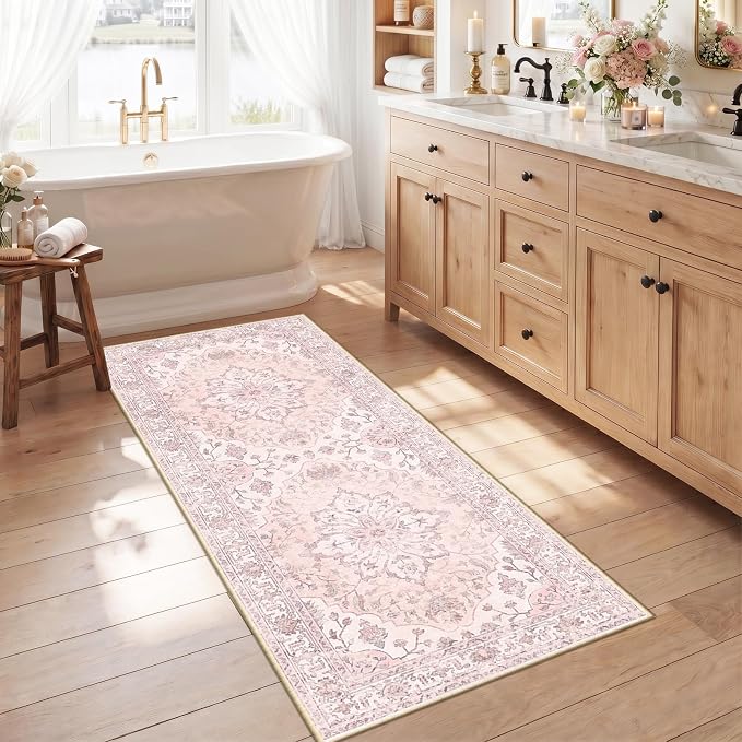 RELEANY Washable Area Rug, Runner 2'6"x5', Pink | Non-Slip, Water Repellent, Pet Friendly, Easy to Clean, Vintage Floral Boho Decor for Kitchen Entry Bedroom Bedside Laundry