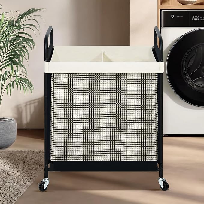 STO STO Laundry Hamper 2 Section, 100L Rolling Laundry Sorter Cart with Removable and Washable Liner Bag, Clothes Hamper with Wheels and Metal Handle for Laundry Room and Bedroom