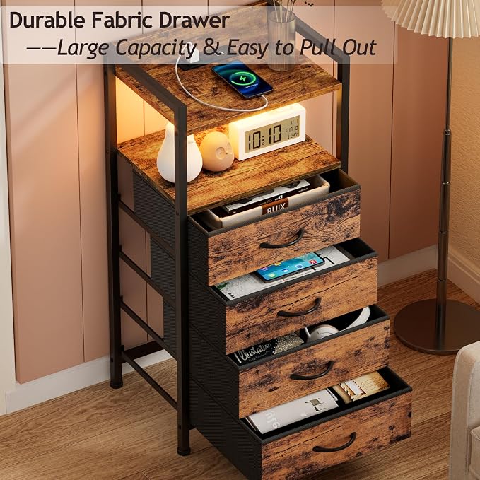 Furnulem Night Stand with Charging Station, 4 Drawer Tall Bedside Table | small dresser for bedroom, with LED light & Remote Control, Fabric Bins and Metal Frame,Wood Desk Top,Easy Assemble for Dorm