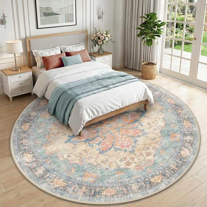 RELEANY Washable Area Rug, Round 10ft, Blue/Orange/Red | Non-Slip, Water Repellent, Pet Friendly, Easy to Clean, Vintage Floral Boho Decor for Living Room Bedroom Dining Room
