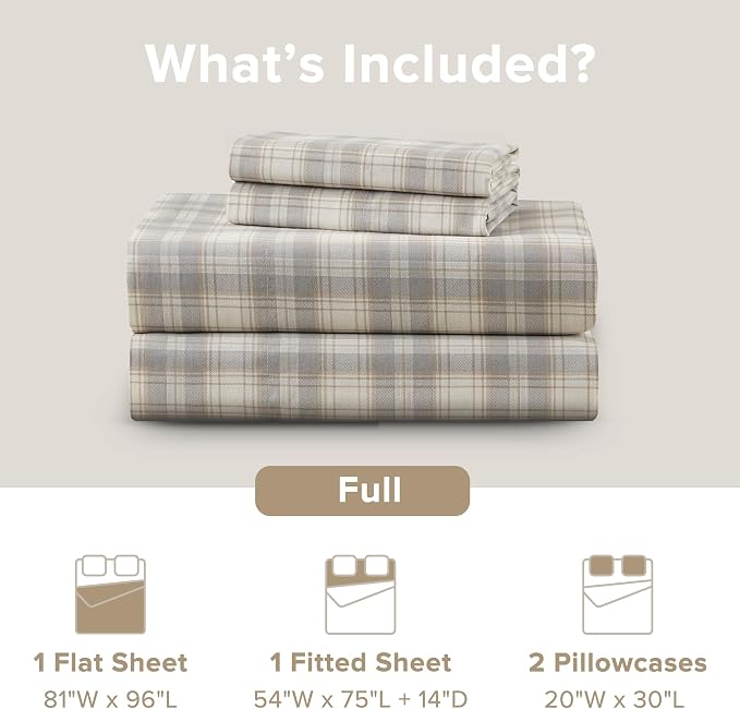 Comfort Spaces 100% Cotton Percale Sheets Full Size 4 Piece, Wesley Taupe | Crisp, Cool & Breathable Bed Sheets, 14" Deep Pocket Fits Up to 16" Mattress, Lightweight, All Season Cozy, with Pillow Case