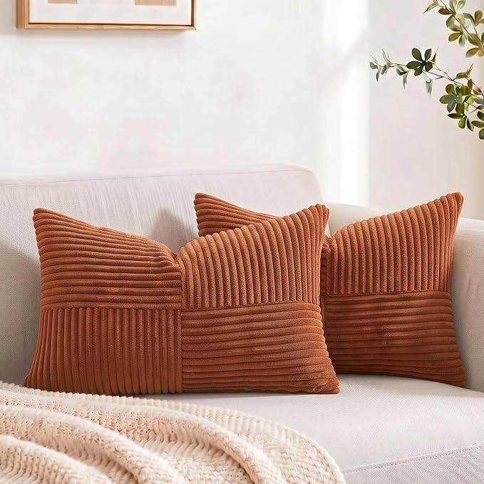 Fancy Homi 2 Packs Rust Long Lumbar Decorative Throw Pillow Covers 16x24 Inch for Couch Bed Sofa, Farmhouse Boho Home Decor, Soft Striped Corduroy Rectangle Accent Terracotta Cushion Case 40x60 cm