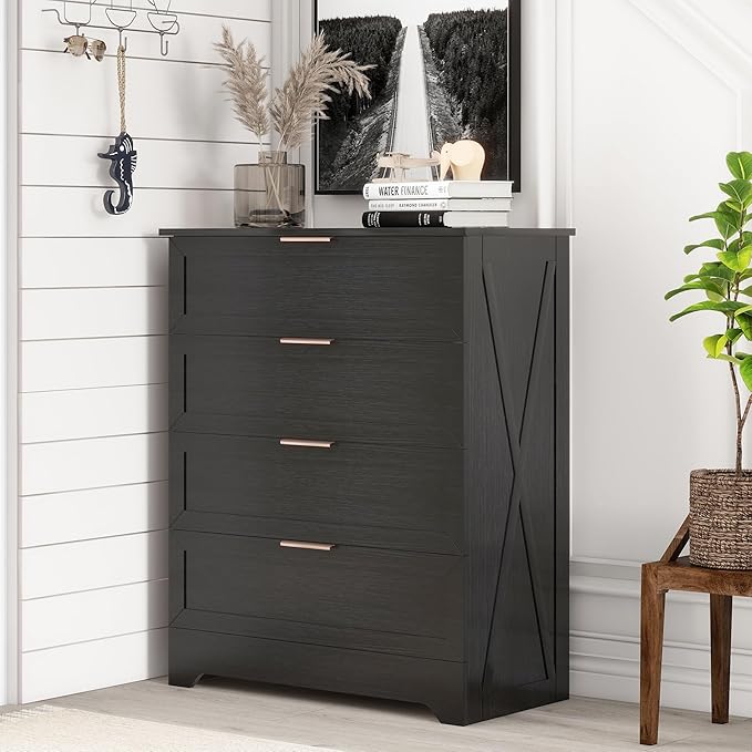 FTZxHKLX Modern Wide Wooden Chest of Drawers, Dresser for Closet, Black | Deep Drawer Dresser with Rose Gold Handles, Small Nursery Dresser with Anti-Tip Design for Living Room, Children's Room