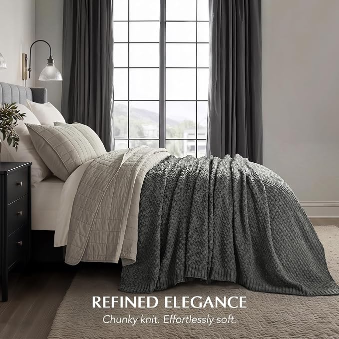 EVERGRACEHOME Chunky Chenille Knit Throw Blanket, 108x92, Charcoal Gray | Sculpted Moss Stitch, Chic Modern Farmhouse, All-Season Warmth, OEKO-TEX® Certified, Oversized King for Couch, Bed, Sofa