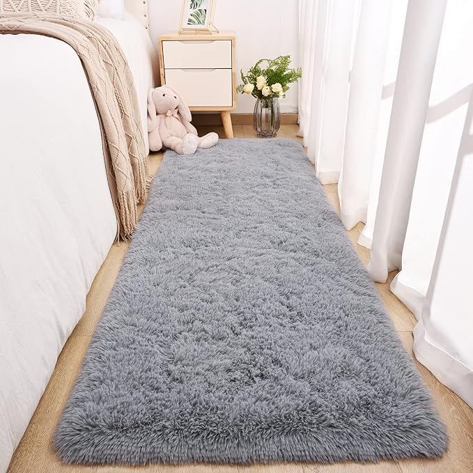 Soft Area Rug Fluffy Rugs for Living Room Bedroom Decor, 2x6 Runner Rugs for Hallway, Shag Furry Bedside Rug Indoor Accent Floor Carpet, Non-Slip Plush Rug for Nursery Kids Room Dorm, Grey