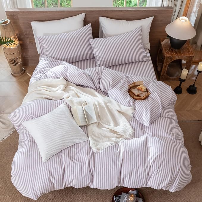 MooMee Striped Duvet Cover Set 100% Washed Cotton Linen Like Queen | Relaxed Linen-like Texture. Soft, Breathable & Long-lasting Comfort. Lightweight. Hidden Zipper with 8 Interior Corner Ties