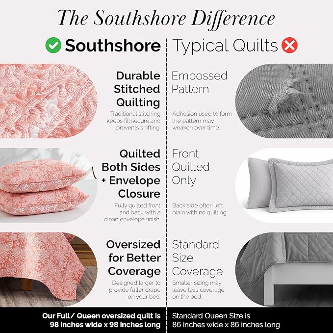 Southshore Fine Living, Inc. Paisley Quilt Queen Size Bedding Set, Summer Coverlet, Boho Bedspread, 3-Piece Farmhouse Bedding with Two Matching Pillow Shams, Full/Queen Bed Set, Reversible Coral