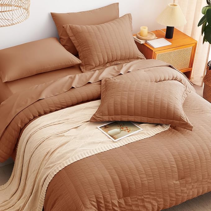 Full Size Comforter Sets, 7 Pieces Pumpkin Seersucker Bed in a Bag | OEKO-TEX Certified, All Season Bedding Set with 240 GSM Down Alternative Comforter, Flat & Fitted Sheets, Pillowcases & Shams