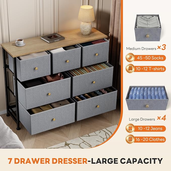 Sweetcrispy 7 Drawer Dresser for Bedroom Storage with Fabric Bins, Blue | Anti-Tip Closet Organizer, Wooden Top and Sturdy Steel Frame, Spacious Drawers for Clothes Storage, Hallway Entryway