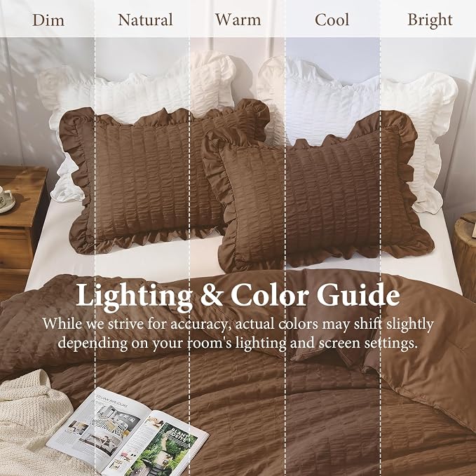 JOLLYVOGUE Oak Brown Twin/Twin XL Comforter Set, 2 Pieces Seersucker Lightweight Fluffy Bedding Set, Twin Ruffle Comforter, All Season Soft Microfiber Shabby Chic Bed Set