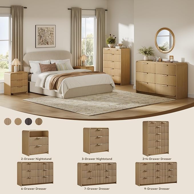 24" 3 Drawers Fluted Nightstand Set of 2, Natural Oak | 3 Drawers Bedside Table, Metal Handles & Charging Station, Curved Profile End Table for Bedroom