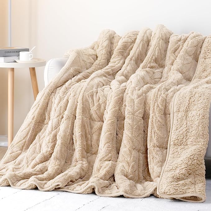 Cottonblue Jacquard Weighted Blanket 15 lbs for Adults Twin Size 48x72in | Soft Sherpa Fleece Weighted Blanket Throw for Sleep Calm Relax, Cozy Warm Beige Heavy Blanket Throw for Bed Couch, Washable