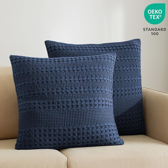 PHF 100% Cotton Waffle Weave Euro Sham Covers, 2 Pack 26" x 26" Bed Pillow Covers for Elegant Home Decor, No Filling, Luxury Aesthetic Soft Euro Pillow Cases for Bed, Blue Sapphire