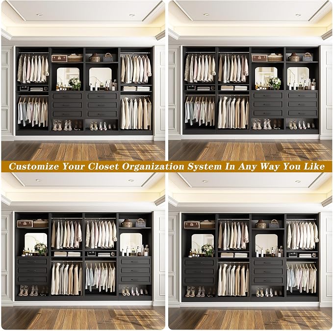 Unikito Closet System, 100" Closet Organizer with Drawers & Mirror, Black | Modular Wooden Walk-in Closet Wardrobe Organizer with Hanging Rods & Adjustable Shelves, Freestanding Garment Rack Tower