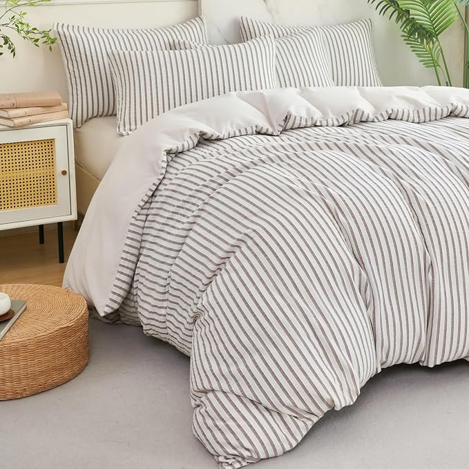 Grey Comforter Set King Soft Luxury Washed Microfiber Jacquard 3 Pieces Bedding, White Grey Vertical Ticking Stripes Pattern Comforter with 2 Pillowcases Breathable Durable Comfy