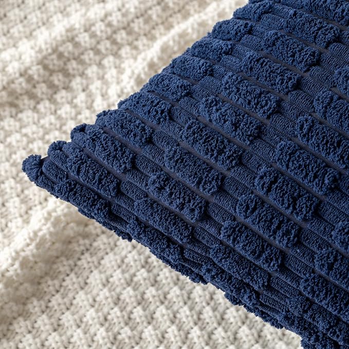 MIULEE Corduroy Decorative Throw Pillow Covers 20x20 Navy Blue Pack of 2 | Soft Boho Striped Pillow Covers Modern Farmhouse Coastal Home Decor For Sofa Living Room Couch Bed
