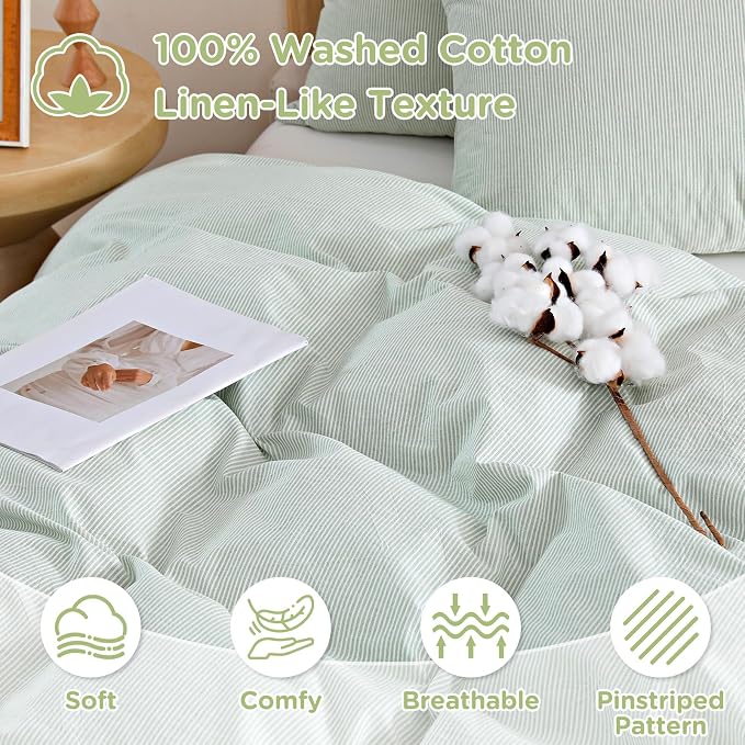 TOCOMOA Sage Green Striped Duvet Cover Set Washed Cotton Like Linen, King | 100% Washed Cotton Linen-Like Feel Soft, Breathable & Comfy. Pinstriped Bedding Set with Zipper & 8 Ties. 3 Pcs, No Insert