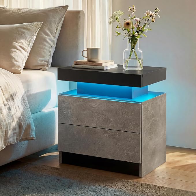 i-aplus Gray Modern LED Nightstand Set of 2 with 2 Wood Drawer for Bedroom | Nightstands with App-Controlled RGB LED Lights, Night Stand with Storgae Drawer, Modern Bedside Table for Bedroom