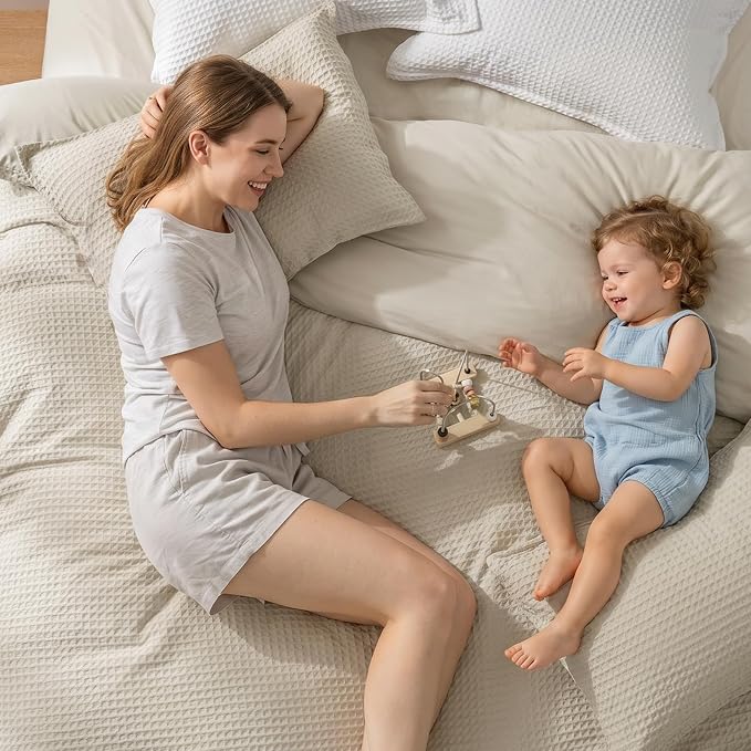 PHF Waffle Duvet Cover Twin/Twin XL, Soft & Breathable, 68"x90", Linen | 300GSM Fabrie，No Snagging Textured Honeycomb Comforter Cover for All Season 3pcs, Durable Bedding Duvet Set, Home Decor Gift