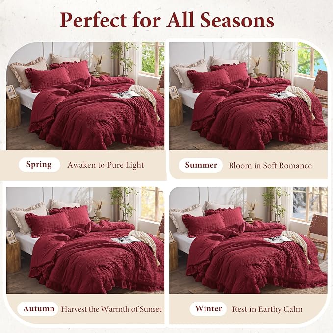JOLLYVOGUE Burgundy Queen Comforter Set, 3 Pieces Seersucker Comforters Queen Size, Lightweight & Fluffy Bedding Sets for All Season with 1 Ruffle Comforter and 2 Ruffle Pillowshams